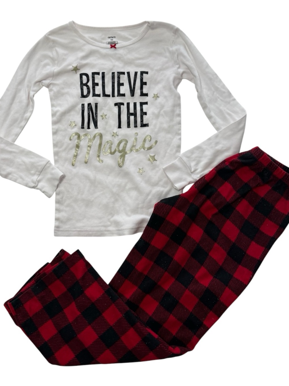 Carter's White Top with Red & Black Buffalo Plaid Pants Pajama Set Size 10